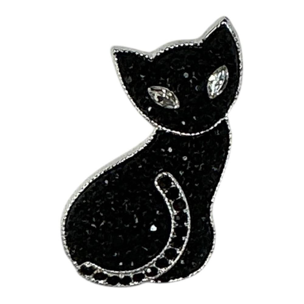 Black Cat Pin Brooch Silver Tone Black And Clear Rhinestones Fall Holiday Season